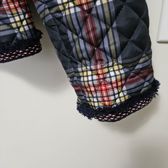 Crown & Ivy Navy Plaid Puffer Quilted Jacket Quilted Zip Front Fringe Pockets M - Picture 7 of 10